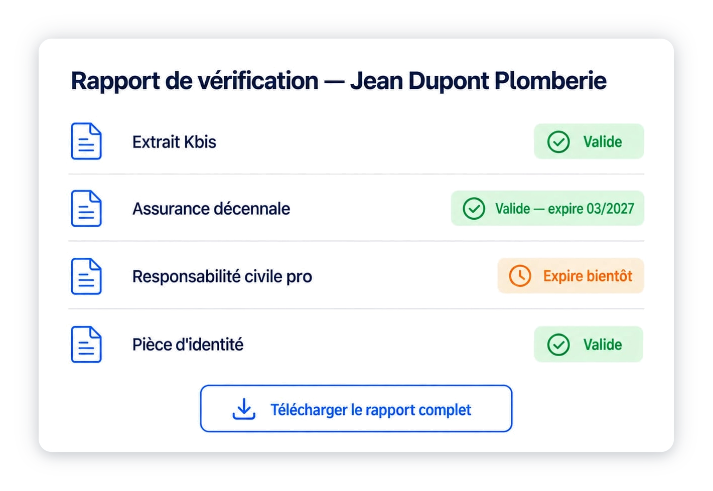Exemple de rapport de vérification d’un artisan sur Overice